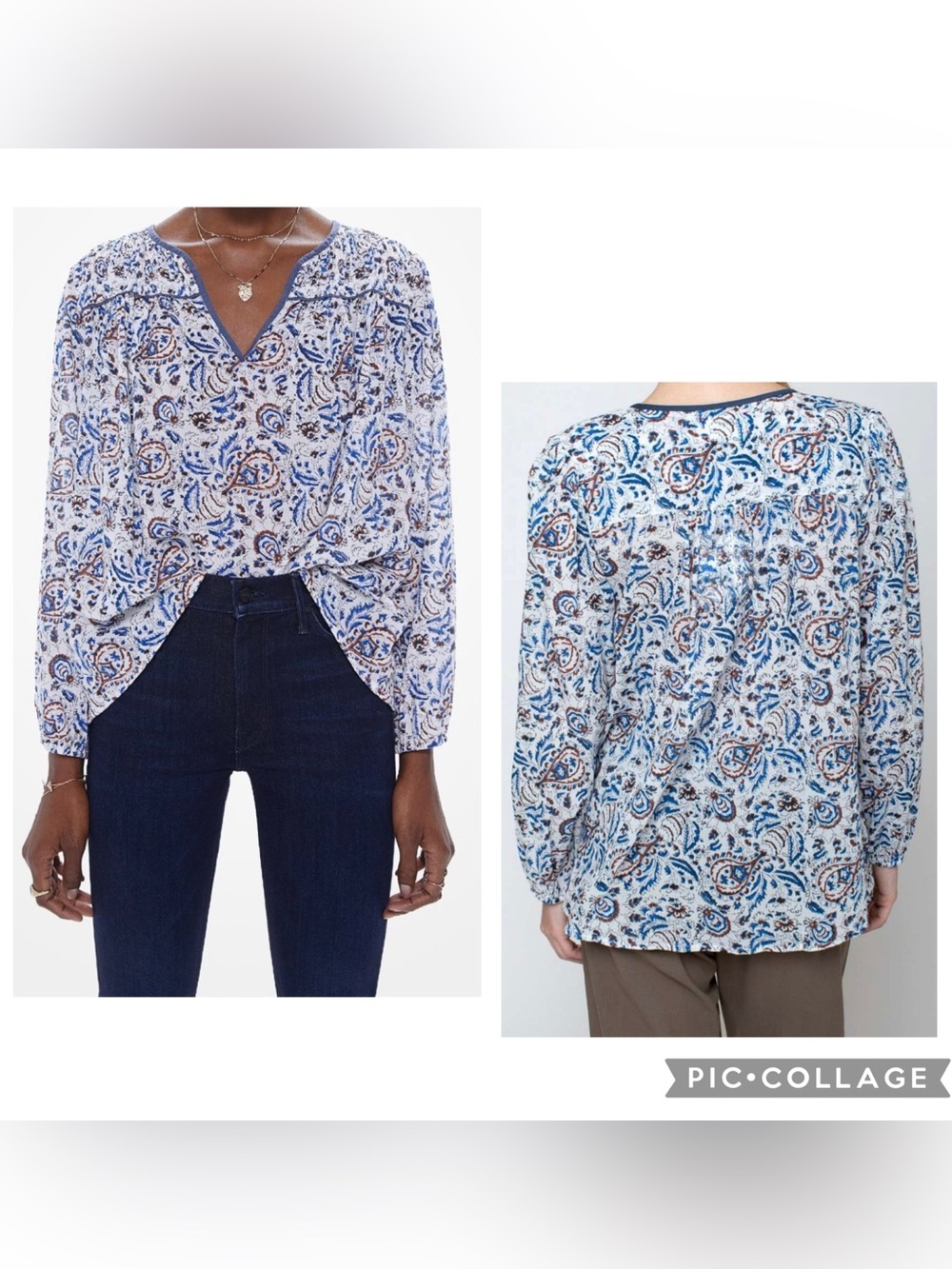 XIRENA Women’s Blue White Smocked Popover EMRYN Paisley Mosaic Print Size XS